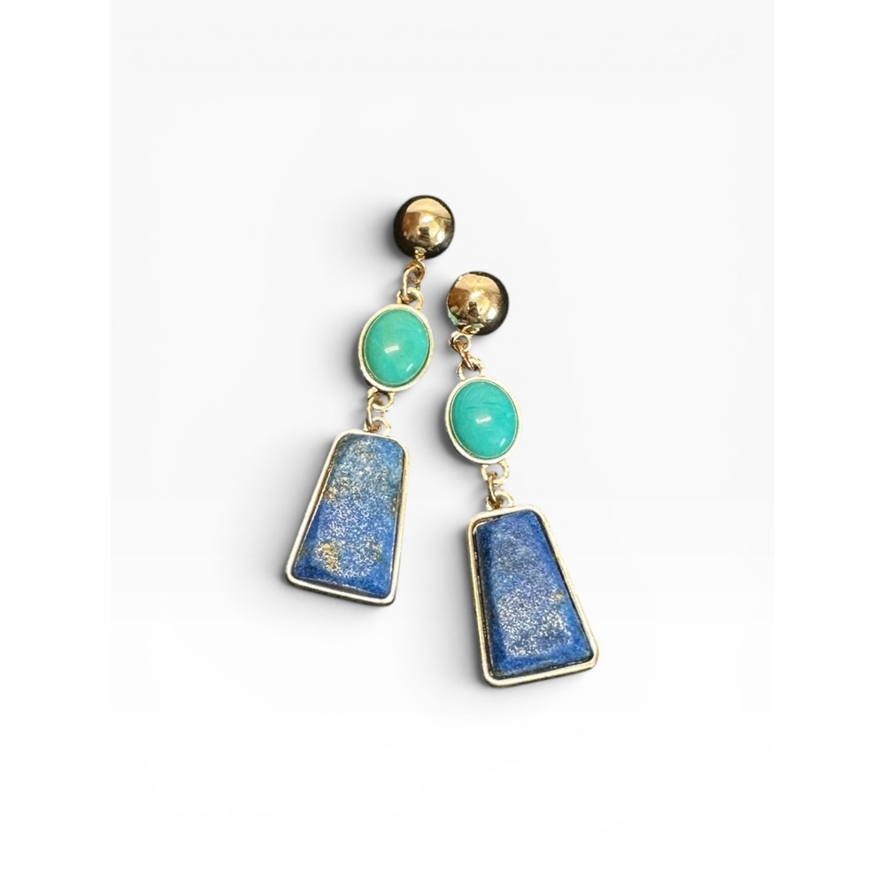 Pierced‎ Drop Earrings Gold Tone Blue Lapis Turquoise Look Boho Dangle